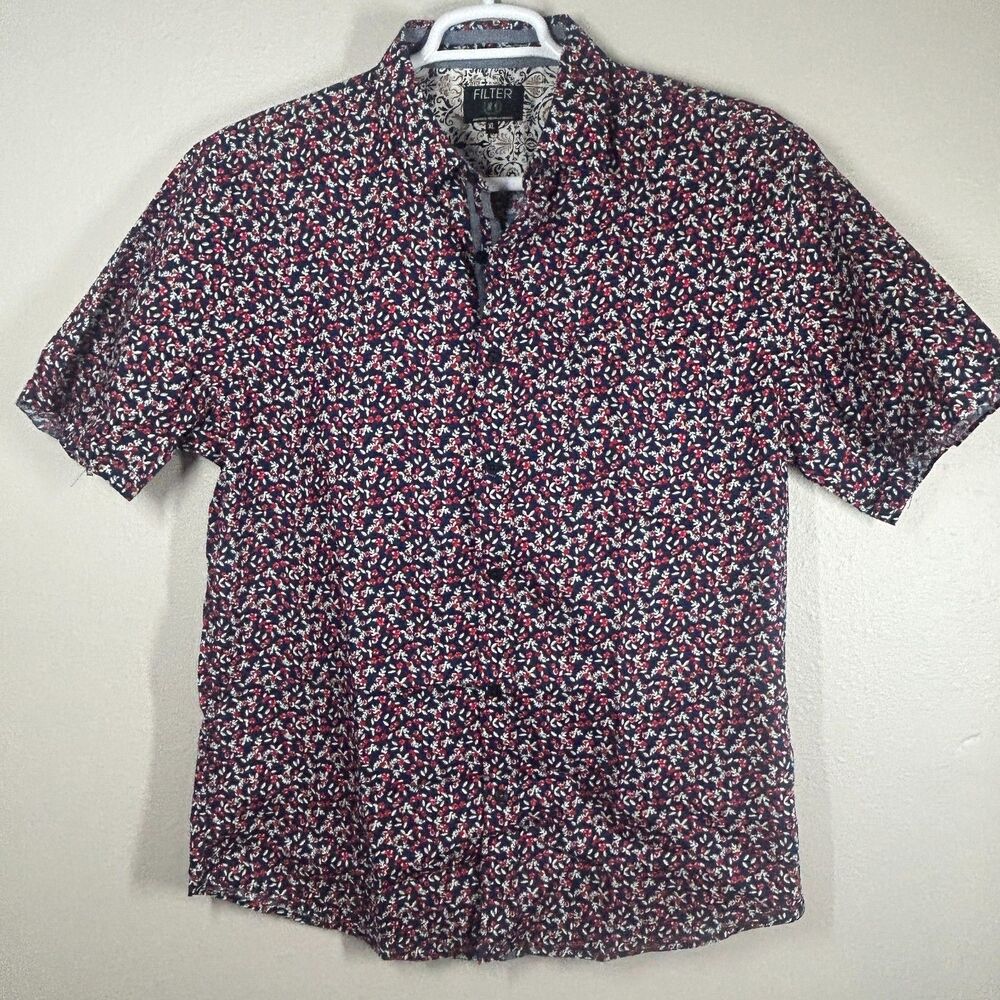 FILTER Men's XL Shirt Short Sleeve Button Up Floral Ditsy Navy Red 100% Cotton